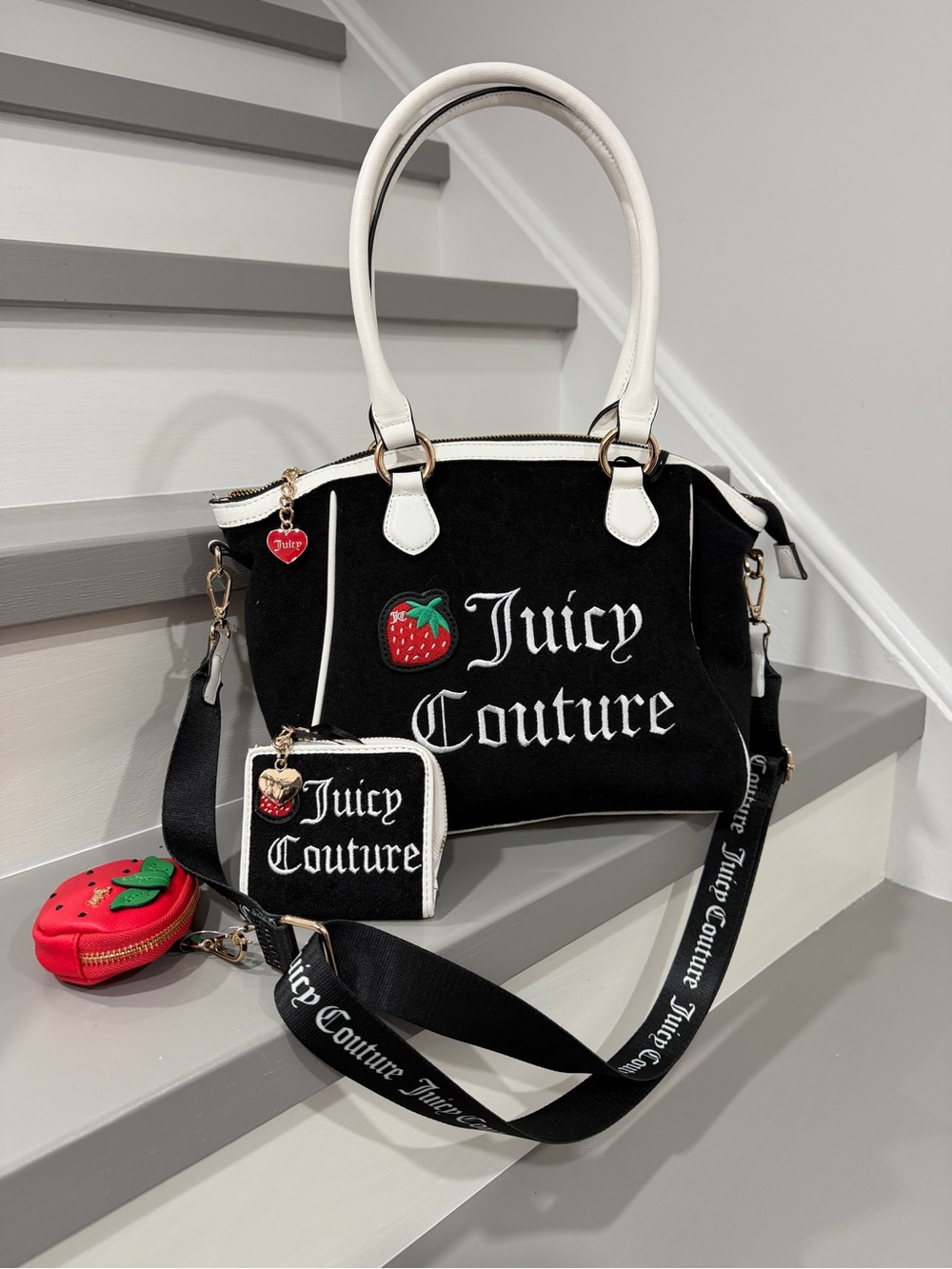 Juicy Couture Black & White Satchel with Strawberry Pouch and Matching Wallet